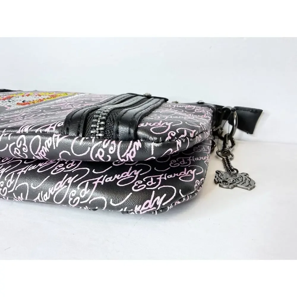 Ed Hardy Shoulder Bag Black Pink Skull Flames Tattoo & Rhinestons0